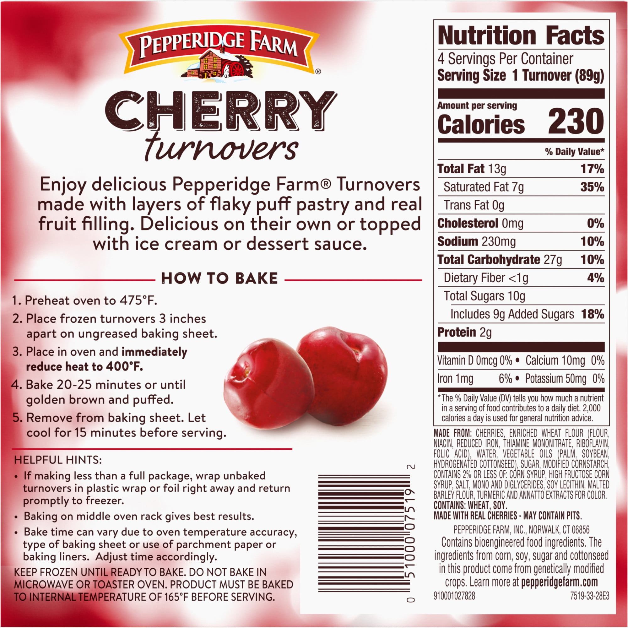 Pepperidge Farm Cherry Turnovers Pastries, 4-Count 12.5 oz. Box