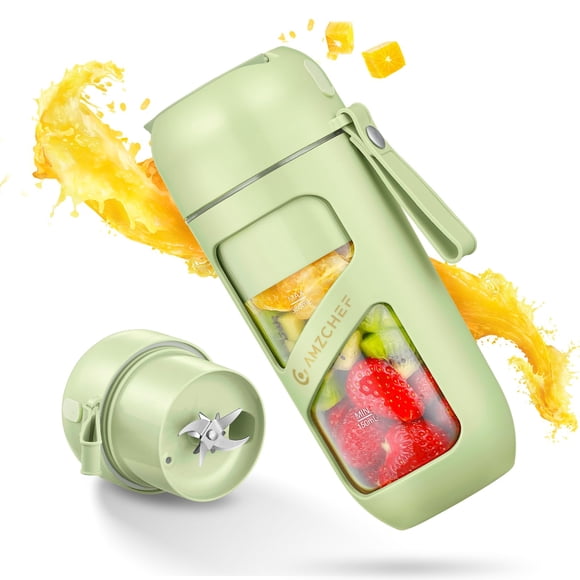 AMZCHEF Mélangeur Portable, Puissance de Coupe Élevée avec 10 Lames, Rechargeable Type‐C, Mini Mélangeur Format Personnel sous Vide pour Frappés et Smoothies, Sans BPA