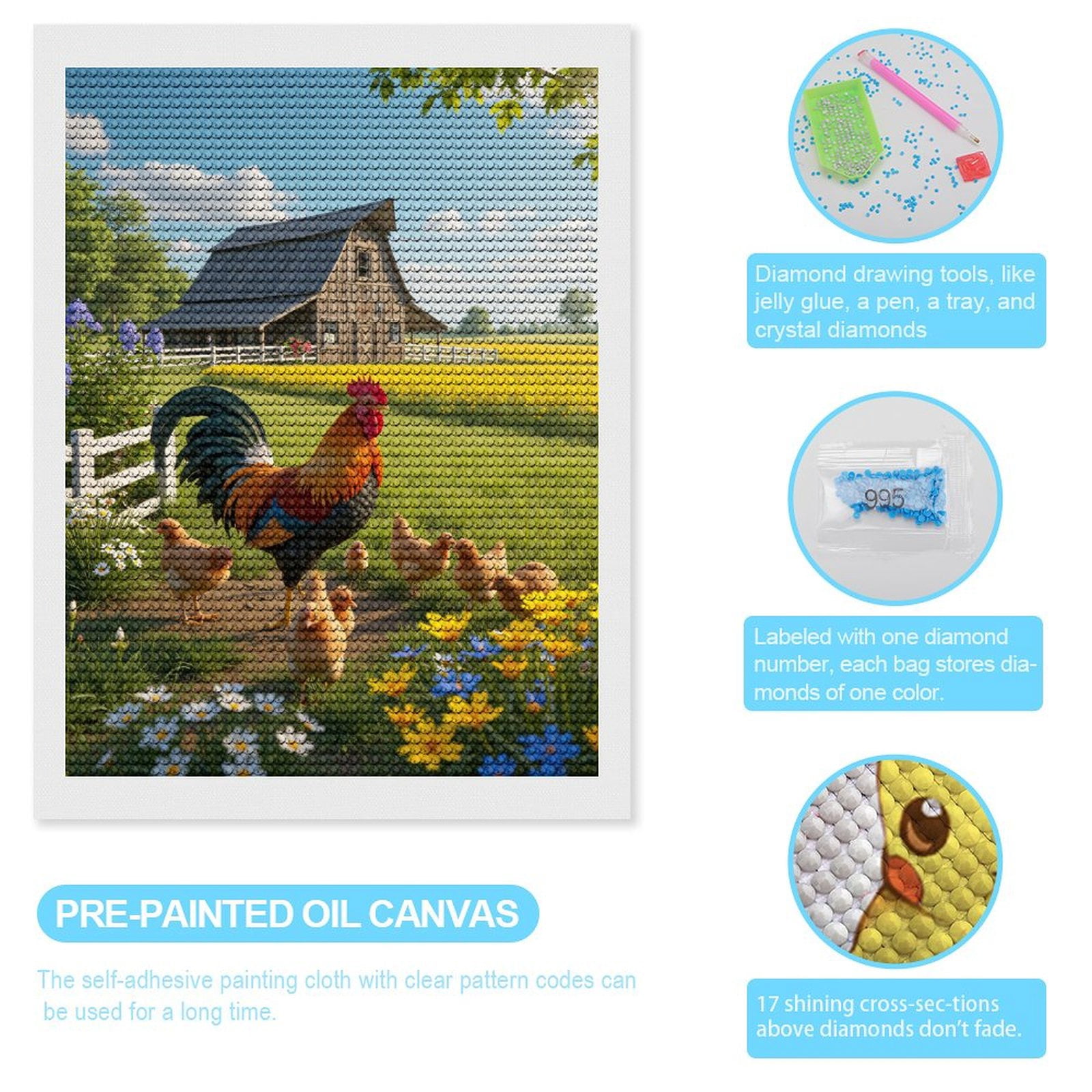 Diamond Art Kits for Adults - Rooster Barn Chicks Flower Field 5d Diamond Painting for Adults, Diamond Art for Adults Beginners, Frameless Diamond Painting Kits for Adults for Home Wall Decor
