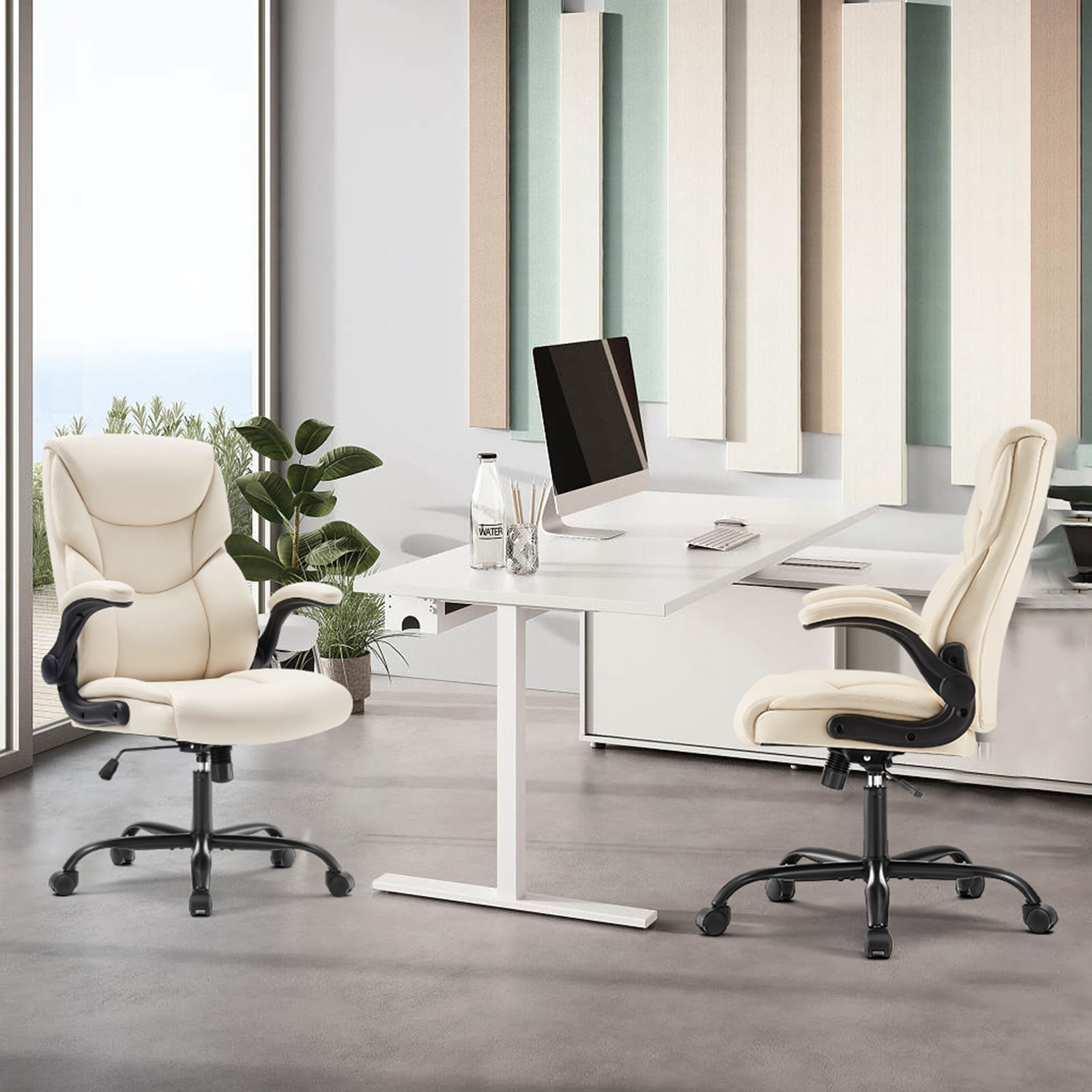 JOINSUN Office Chair, High Back PU Leather, Ergonomic Executive Desk Chair with Rolling Wheels, Soft Padded Seat, Swivel & Adjustable Lumbar Support, White