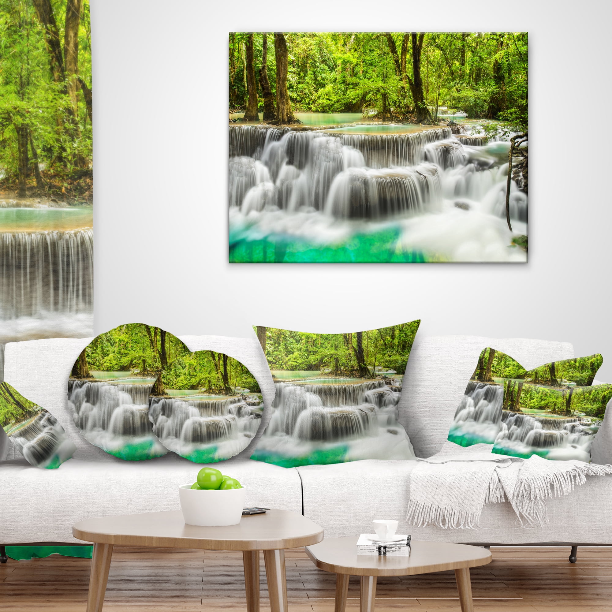 Designart Panoramic Erawan Waterfall - Landscape Photography Throw Pillow - 18x18