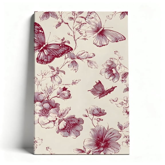 Burgundy Floral & Butterfly Canvas Wall Art, Vintage Botanical Sketch Decor, Classic Toile Print Artwork For Bedroom, Bathroom, Living Room, Ready To Hang 8*12inch(20*30cm)
