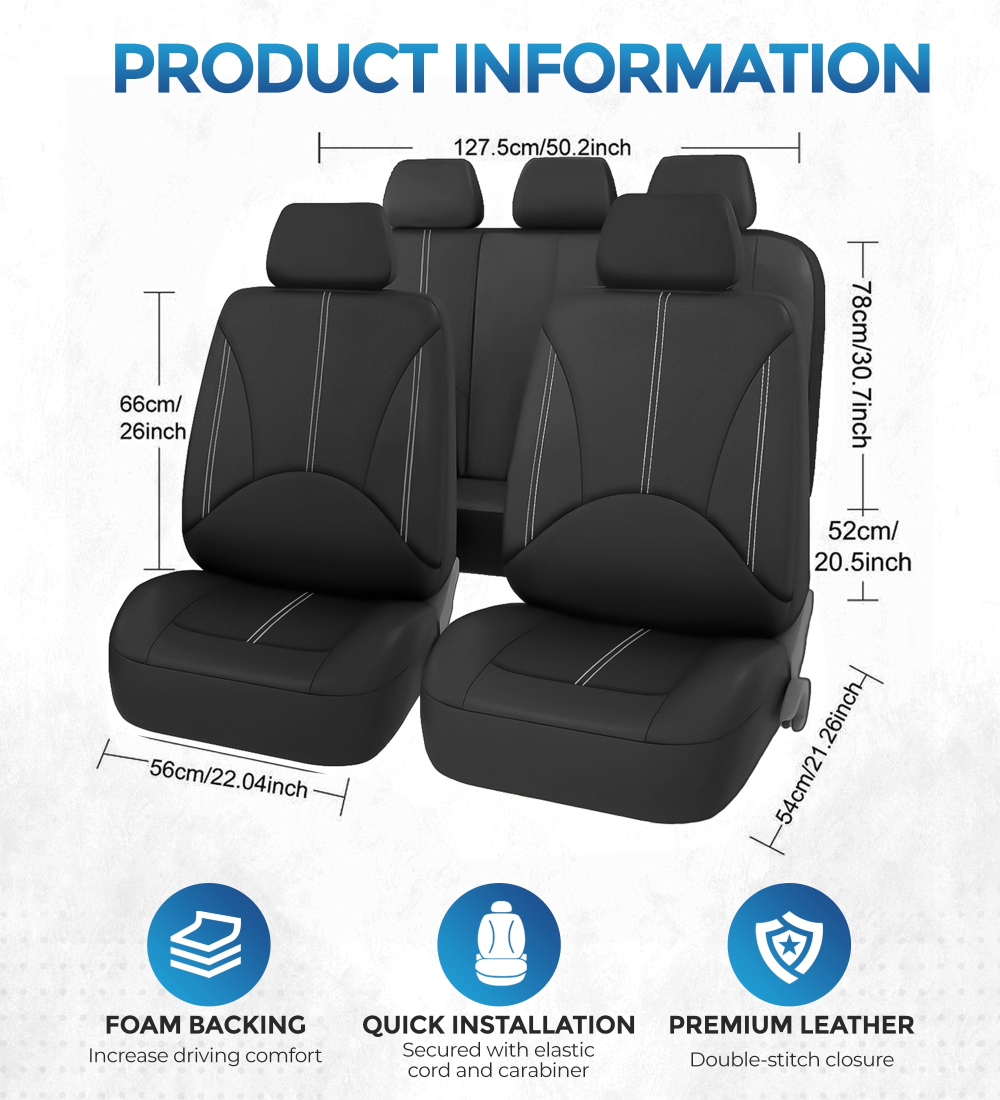 FLORAY Car Seat Covers for Compact Sedans, PU Leather 9-Piece Full Set, Front and Solid Rear Bench, Airbag Compatible, Black