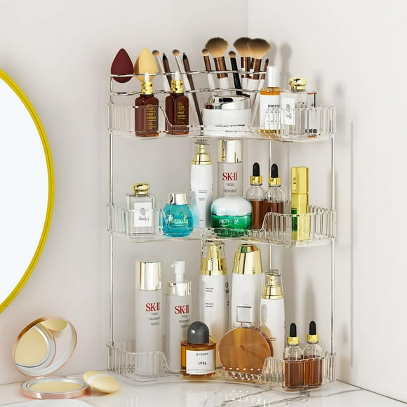 Organizador de esquina para baño SUNZOS de 3 niveles con soporte para maquillaje