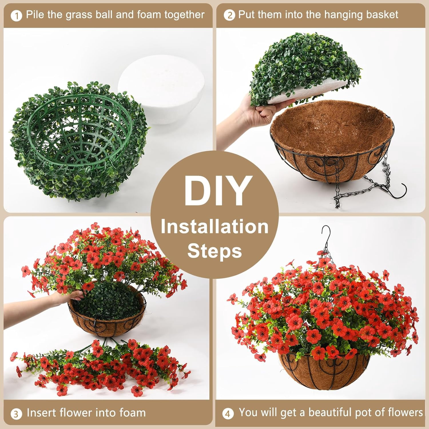 Artificial Faux Hanging Plants Flowers Basket Outdoor Porch Garden Summer Decoration, Fake Silk Daisy in Planter Realistic UV Resistant for Outside Home Patio Balcony Yard(Red)