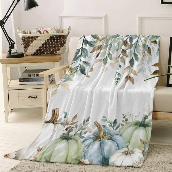 Fall Blue Pumpkin Throw Flannel Blanket 40x50In Green Eucalyptus Leaves Flower Super Soft Cozy Bed Blanket, Lightweight Plush Fuzzy Bed Throw for Bedroom Sofa Couch Living Room