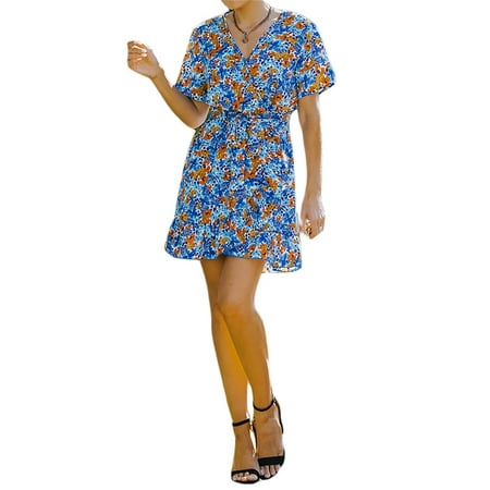 

Calsunbaby Female Short Dress Summer Ladies Flower Print V-Neck Short Sleeve One-Piece Skirt with Waist Belt Casual Streetwear