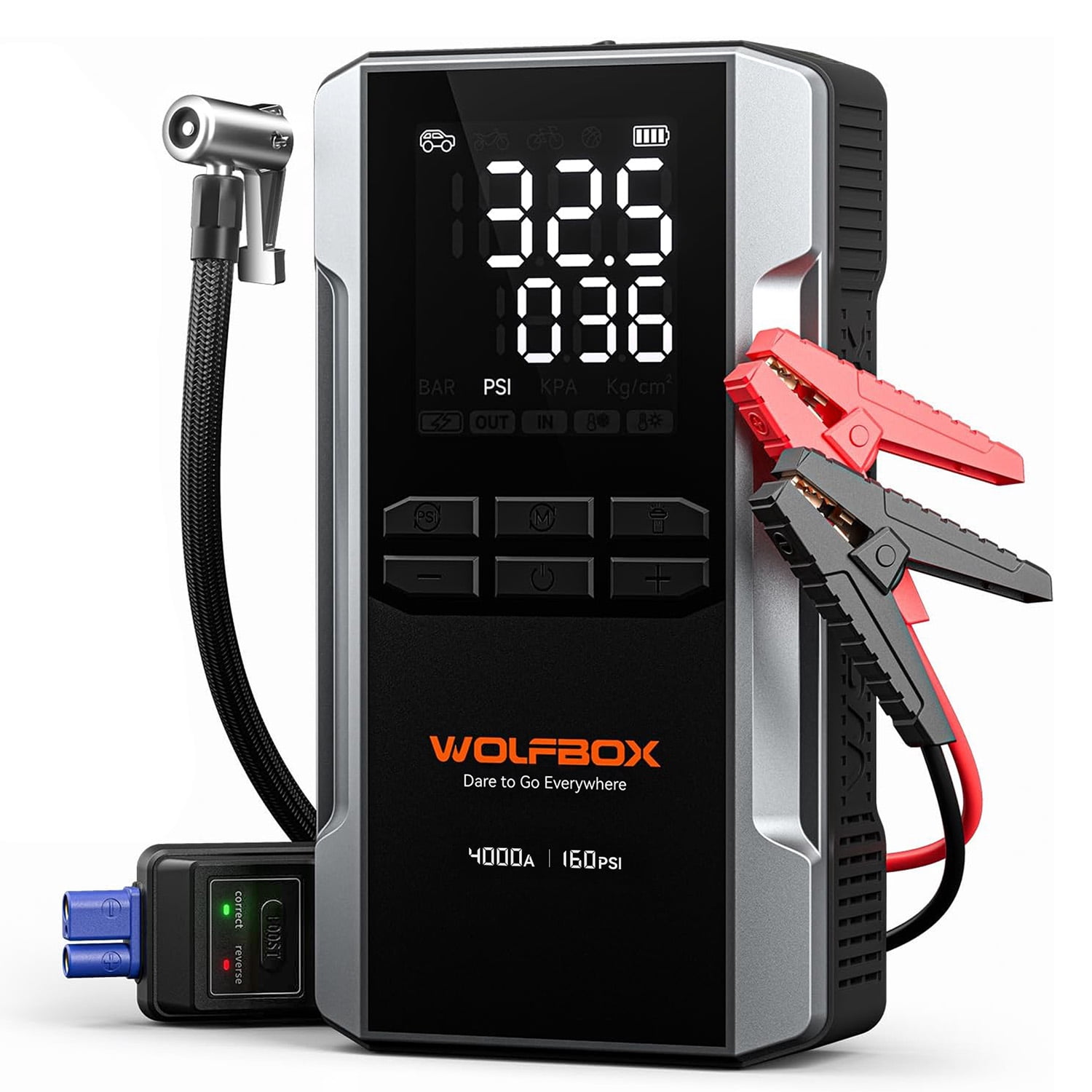 WOLFBOX 4000A Jump Starter with 160PSI Air Compressor, 65W Fast Charge, 24000mAh Battery Booster Portable Tire Inflator, for 10L Gas & Diesel Engines