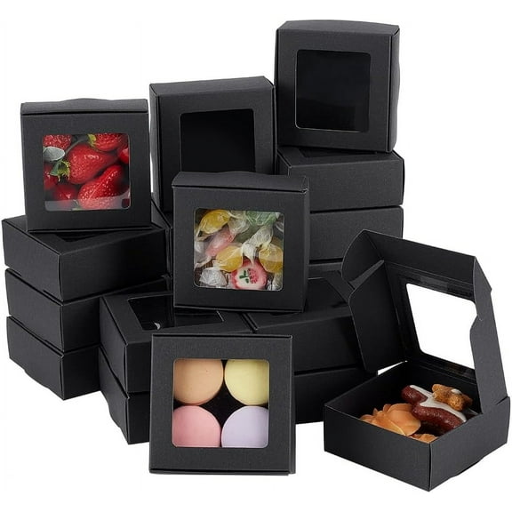 24pcs 24 Pack Black Kraft Paper Boxes with Clear Window 2.9x2.9x1.2inch Present Packaging Box for Anniversaries Birthdays Weddings Graduation Black