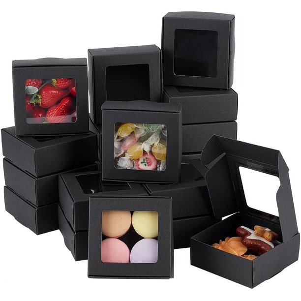 Paquete de 24 cajas de papel kraft negro con ventana transparente, de 7,4 x 7,4 x 3 cm (2,9 x 2,9 x 1,2 pulgadas). Caja de regalo ideal para aniversarios, cumpleaños, bodas y graduaciones.