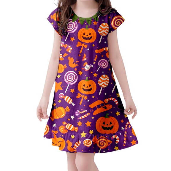 Likimi Children Girls Hallowmas Dress Crew Neck Flutter Sleeve Halloween Cartoon Print For Party Comfortable Sleep Dresses Size 3-4 Years