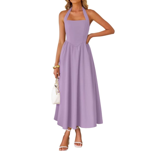 Vestido de verano ZESICA, sin mangas, halter, midi, morado claro, para mujer
