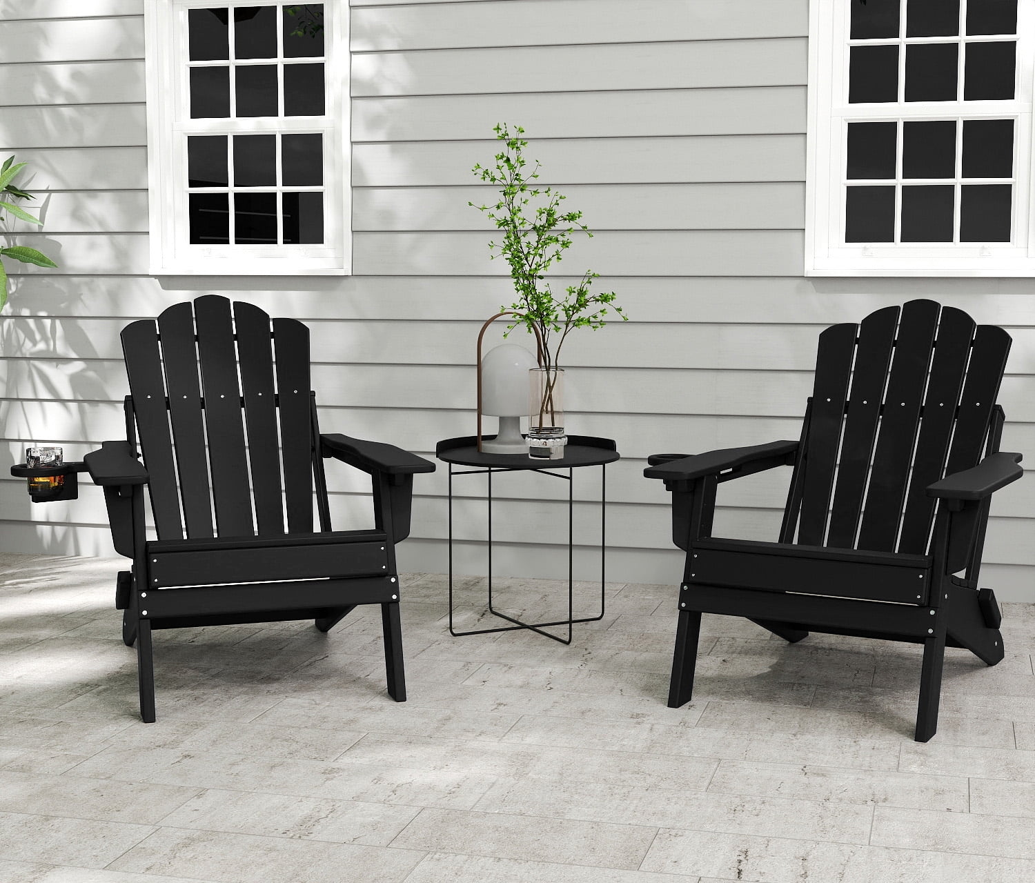 FOOWIN Adjustable Backrest Folding Adirondack Chair with Cup Holder, HDPE Weather Resistant Fire Pit Chair, Black