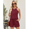thumbnail image 4 of Conjuntos de 2 piezas para mujer, camisas halter con cuello alto y cuello alto de verano, color rojo vino, 4 of 6
