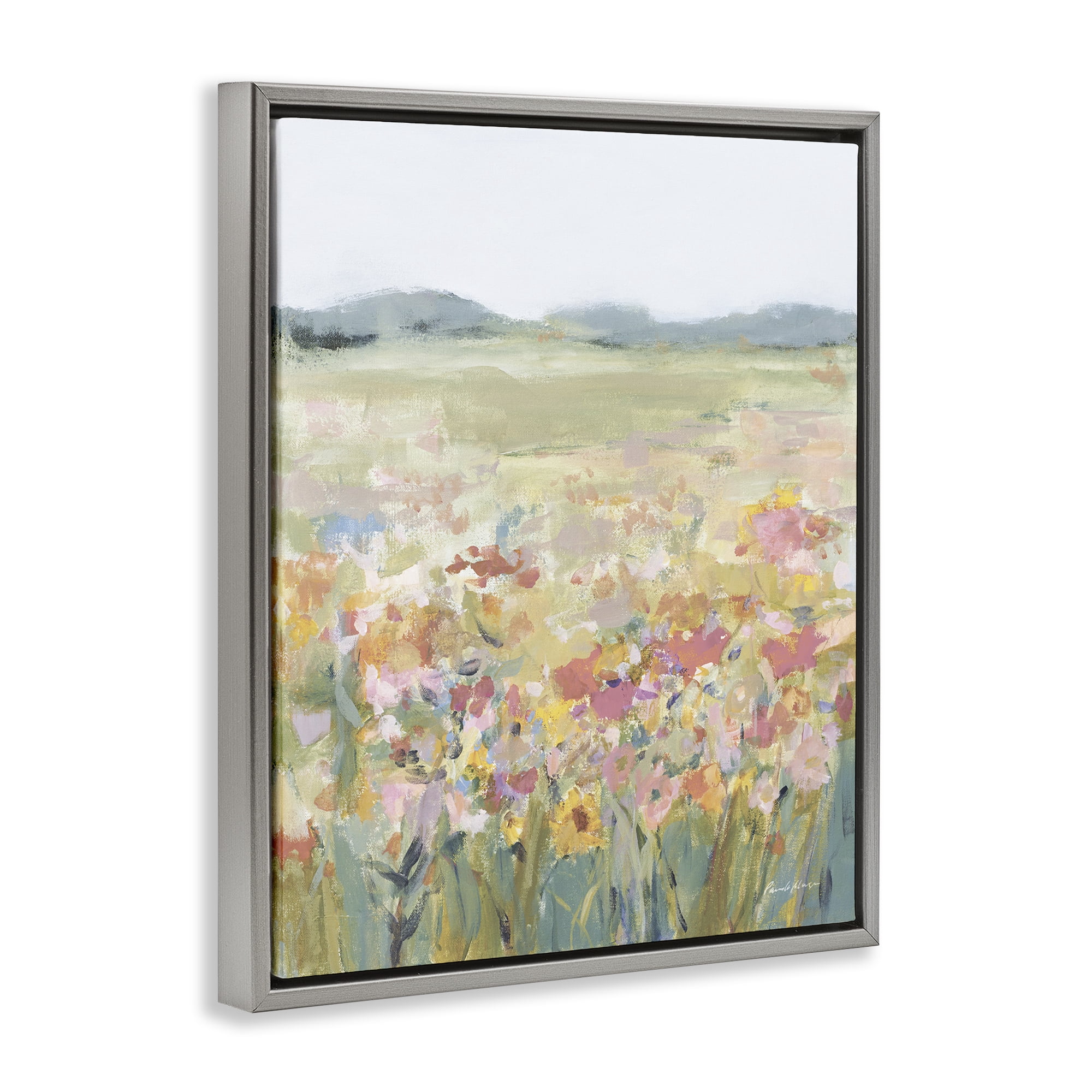 Stupell Industries Soft Wildflower Meadow Landscape Painting Gray Floater Framed Art Print Wall Art, 25 x 31