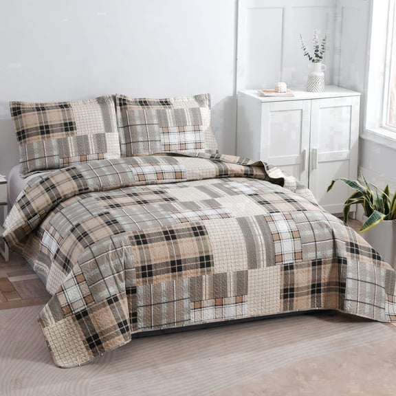 Smuge 3 Piece Quilt Set Queen/Full Size Bedspread Coverlet Plaid Patchwork Bedding Reversible Quilt Microfibers Coverlet Lightweight Bedding Grey Beige