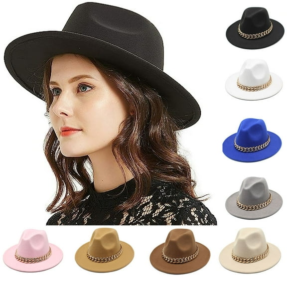 Women Men Wide Brim Western Cowboy Cowgirl Fedora Hat with Chain Belt Buckle