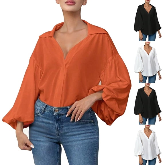 Women's Long Sleeve V-Neck Blouses Fake Button Solid Color Pullover Shirt Tops Loose Fit Casual Elegant Work Office Wear | CSEONE,Black L