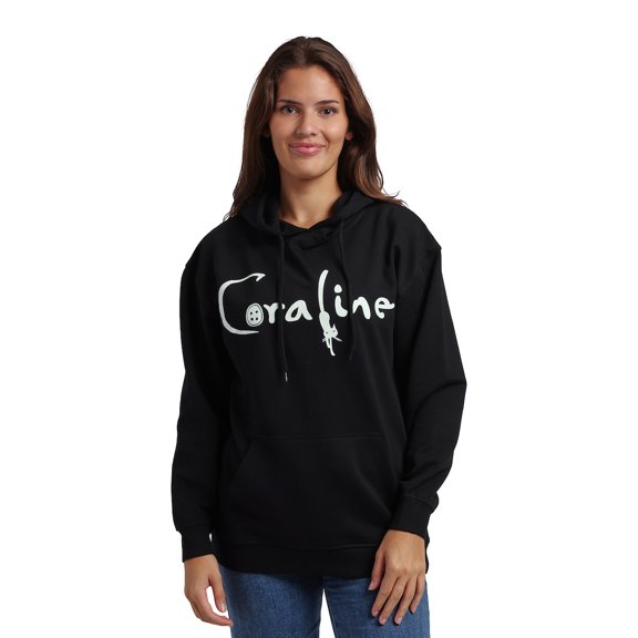 Coraline Full Moon Character Art Women's Black Enzyme Wash Long Sleeve Fleece Hooded Sweatshirt-Small