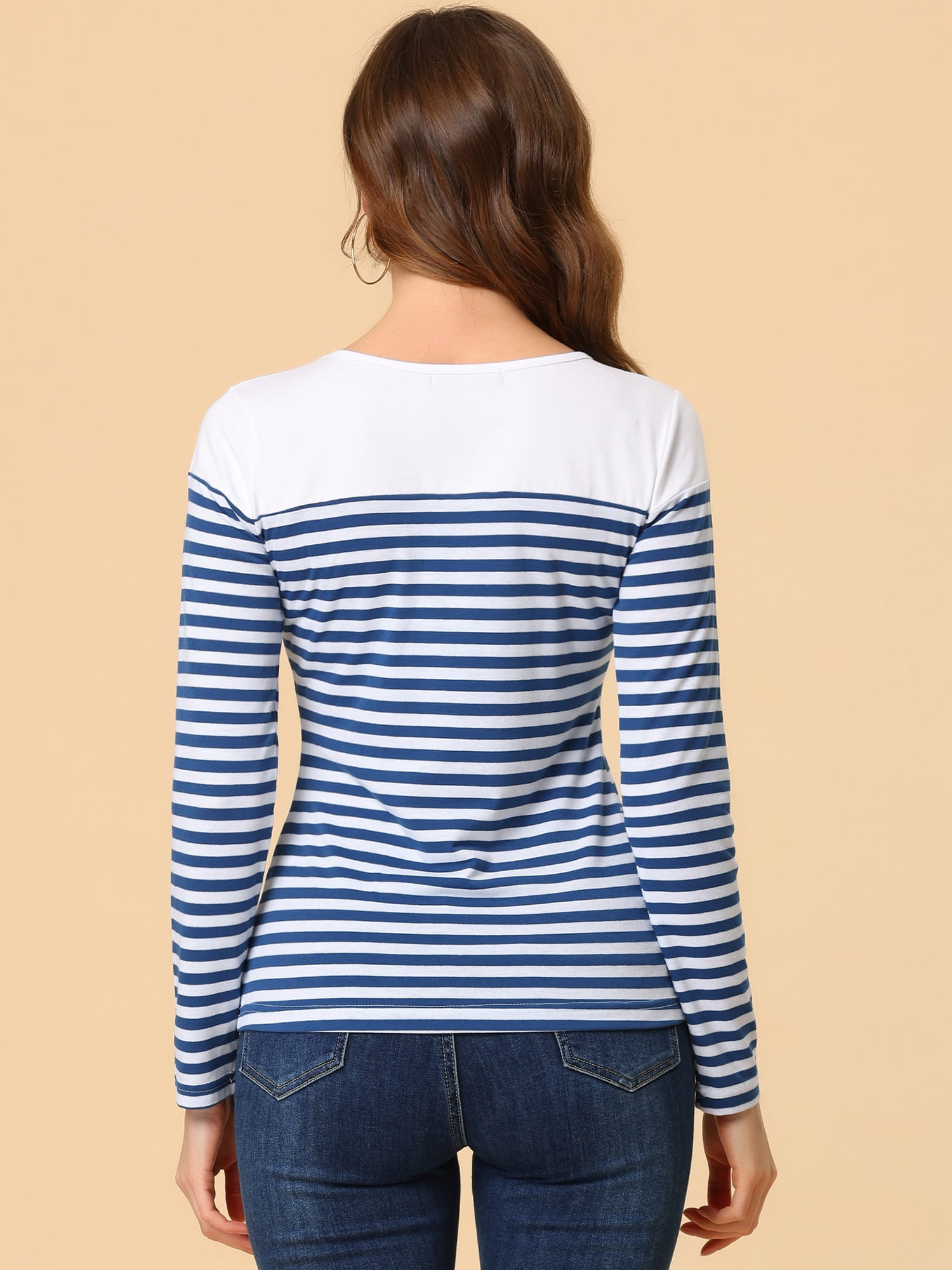 DARING DIVA Women's Color Block Striped Knit Top Long Sleeves T-Shirt M Blue White