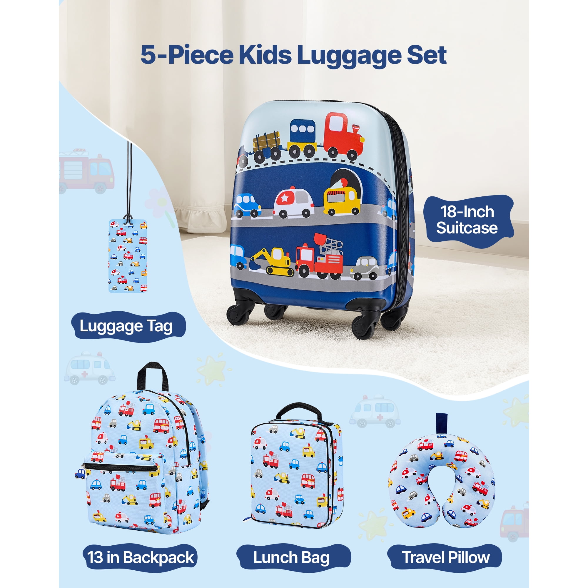 KFFKFF 5-Piece Kids Luggage Set, 18-Inch Rolling Suitcase with Backpack & U-Shape Pillow, Hardshell Carry-On for Children, Travel Gift for Boys and Girls, Airline Compatible
