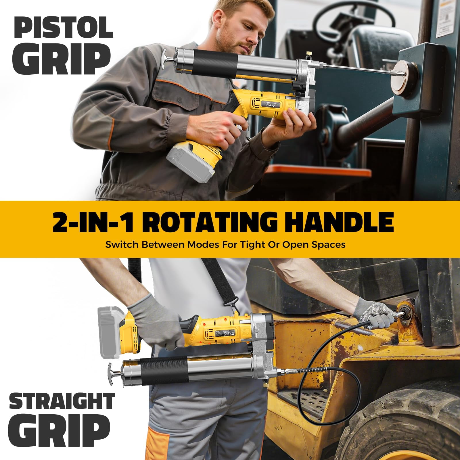 Cordless Grease Gun Compatible with DeWalt 20V Battery, 12000PSI Max Electric Grease Gun, Dual Pistol & in-Line Grip, Works with Bulk & Cartridge Grease, with 39" Hose & 4 Couplers (Tool Only)
