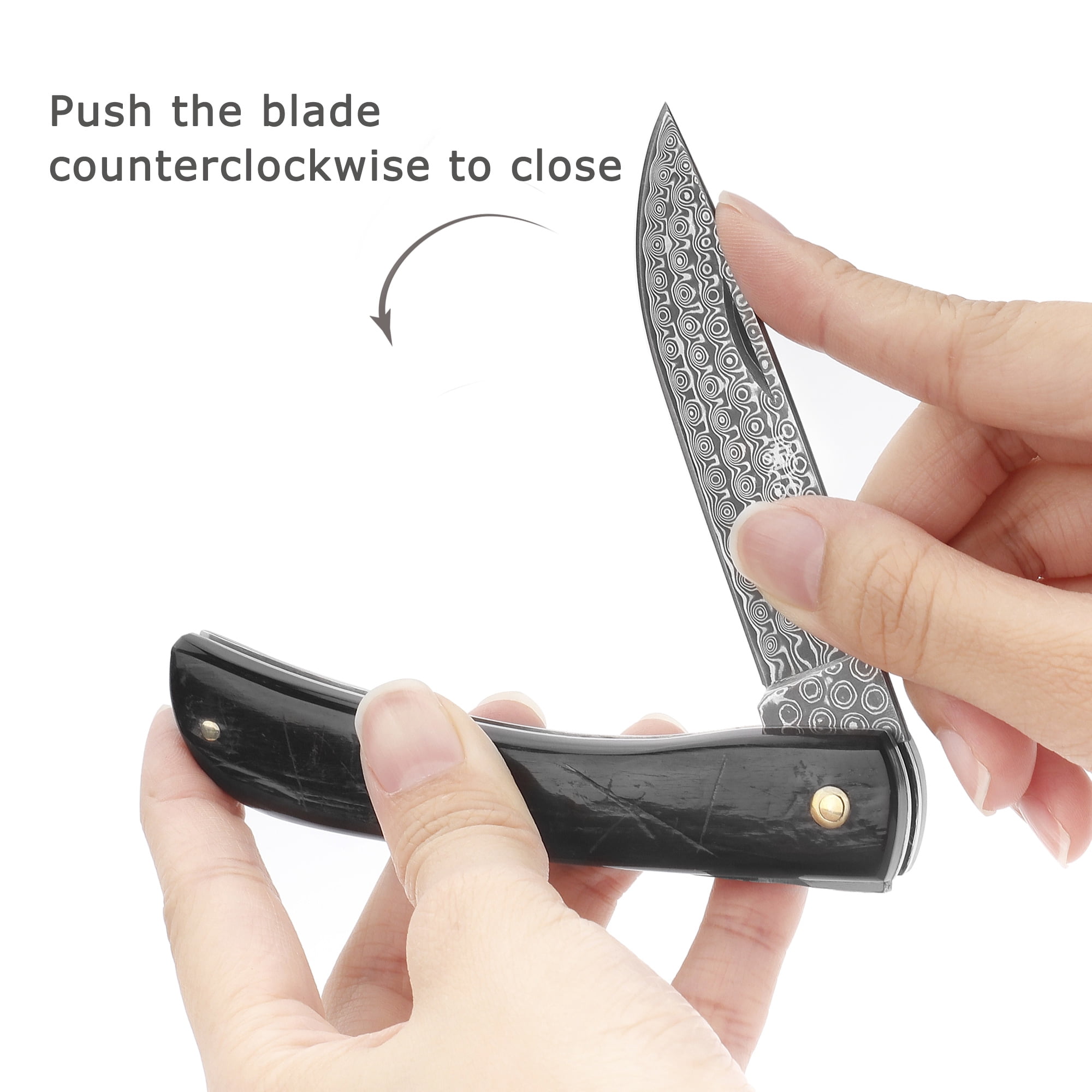 YOUSUNLONG Folding Knife - Pocket Knife Overall 190mm Japanese Damascus Steel Blade Natural Buffalo Horn Handle