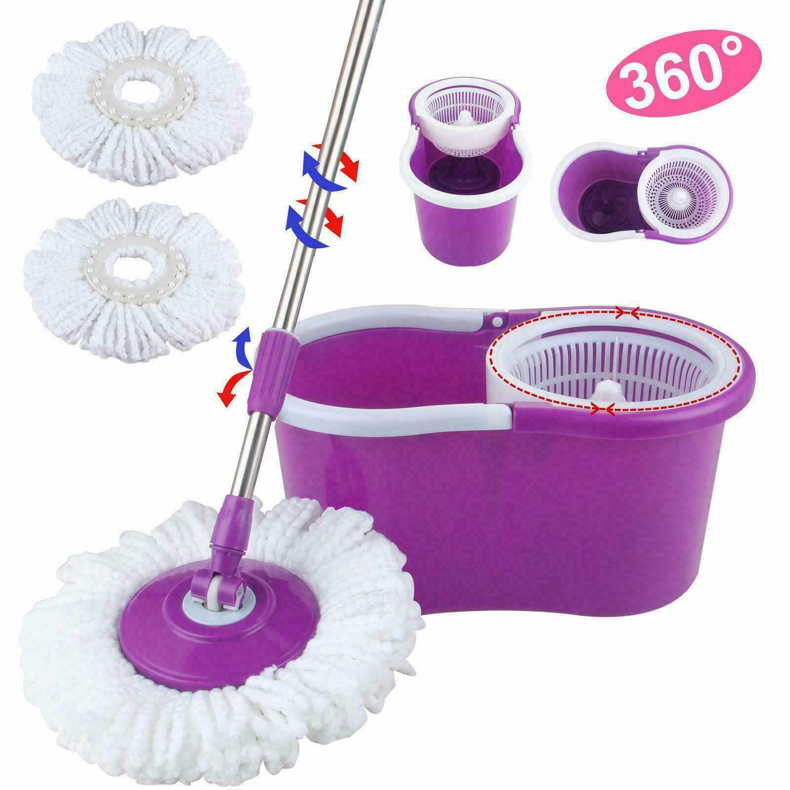 360° Easy Clean Floor Spinning Mop Bucket 2x Head Microfiber Rotating Heads Blue 