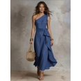thumbnail image 3 of Womens Blue One Shoulder Sleeveless Ruffle Maxi Dress Vacation, 3 of 6