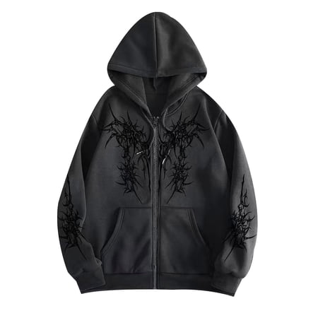 Unisex Goth Zip Up Hoodie Y2K Long Sleeve Aesthetic Graphic Hooded Sweatshirt Casual Oversized Punk Grunge Streetwear