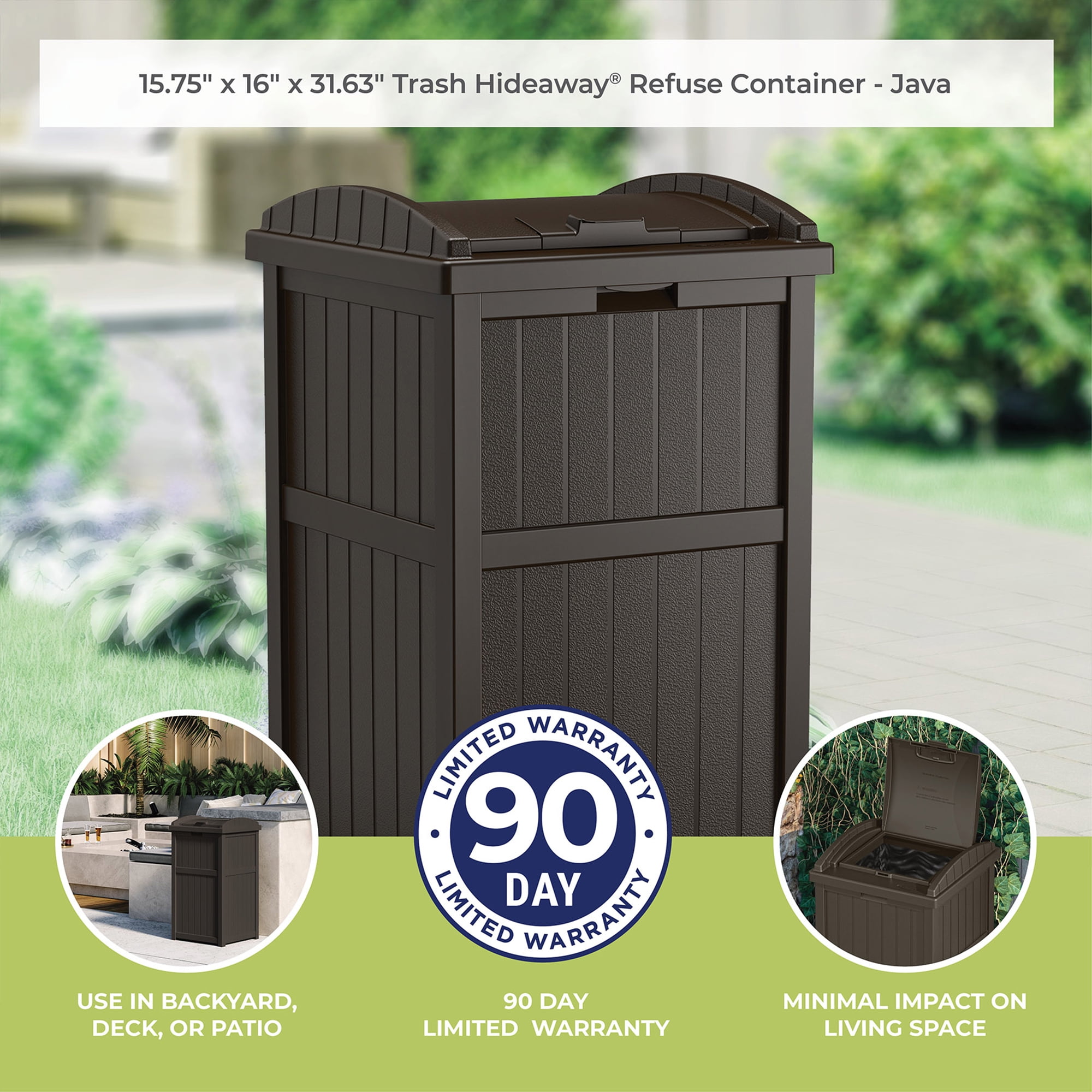Suncast Resin Hideaway Outdoor Trash Can with Latching Lid, Java