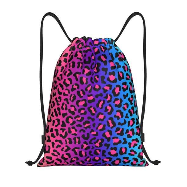 Fotbe Leopard Neon Rainbow Gradient Bolsa Mochila con Cordón Estampada, Bolsa de Gimnasio Deportiva, Bolsa Cinch, Bolsa con Cordón para Hombres y Mujeres-Small