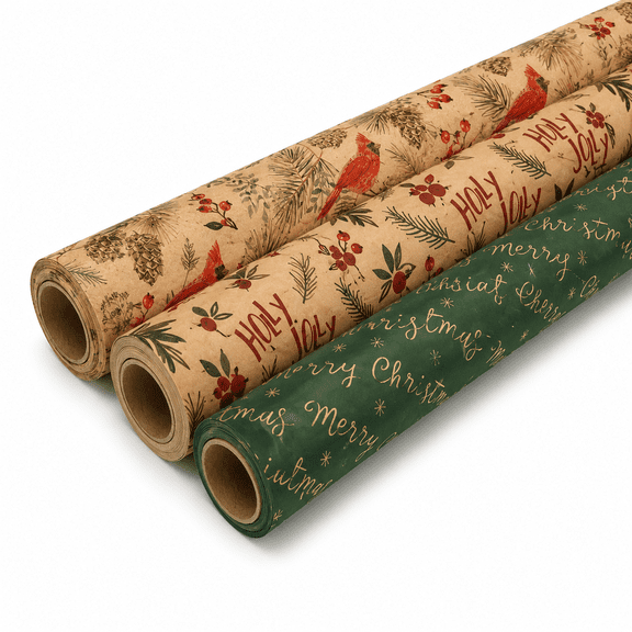 3 Pack Kraft Christmas Wrapping Paper Rolls, Cardinal, Holly Jolly & Gold Xmas Gift Wrap