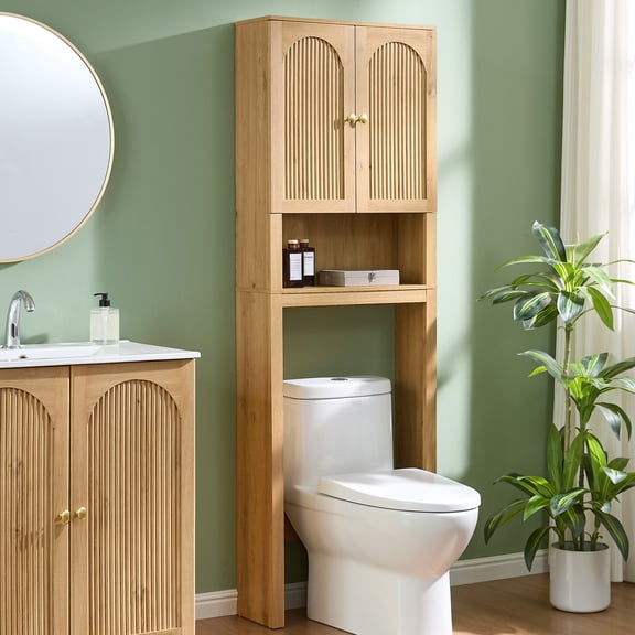 Aitjunz Over the Toilet Storage Cabinet, Modern Bathroom Organizer with 2 Fluted Doors, Adjustable Shelf and Open Storage Shelf, Freestanding Space Saver Cabinet for Small Bathroom