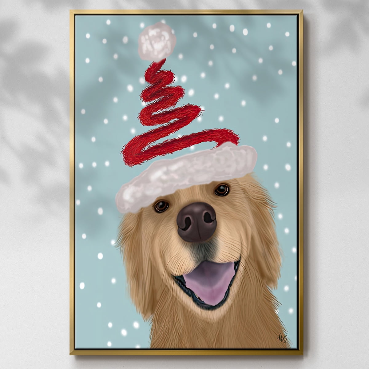 Christmas Golden Retriever and Spring Santa Hat - Framed Gallery Wrapped Holiday Canvas - 27 x 41 - Gold Frame