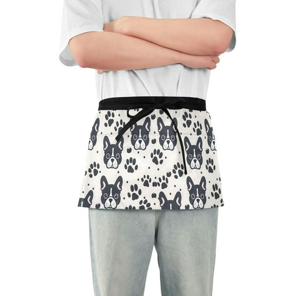 Cute Bulldog Faces and Pawprints Server Apron with 3 Pockets Waterproof Waitress Waist Short Apron for Man Woman 12 Inches