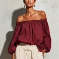 thumbnail image 2 of WULMLEO Women Off Shoulder Cotton Linen Tops Ruffle Sleeve Loose Shirt Blouse Wine L, 2 of 6