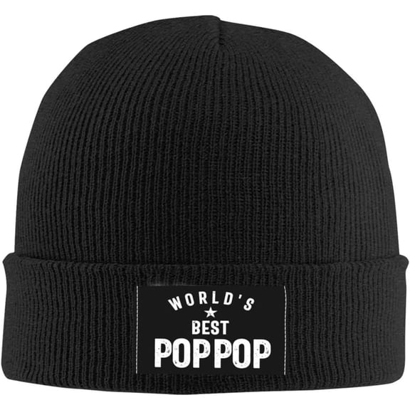 World's Best Pop-Pop Beanie Hat for Dad Grandpa Funny Gift for Daddy Winter Hat Black Warm Knitted Skull Cap