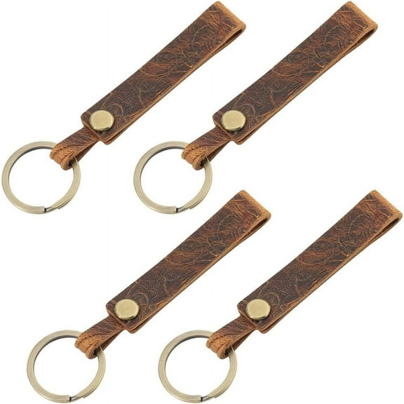 4Pcs Genuine Leather Keychain Solid Metal Handcraft Key Ring Brown Lanyard Handmade Universal Leather Key Fob Flower Pattern Leather Key Chain for DIY Men and Women Car Accessories