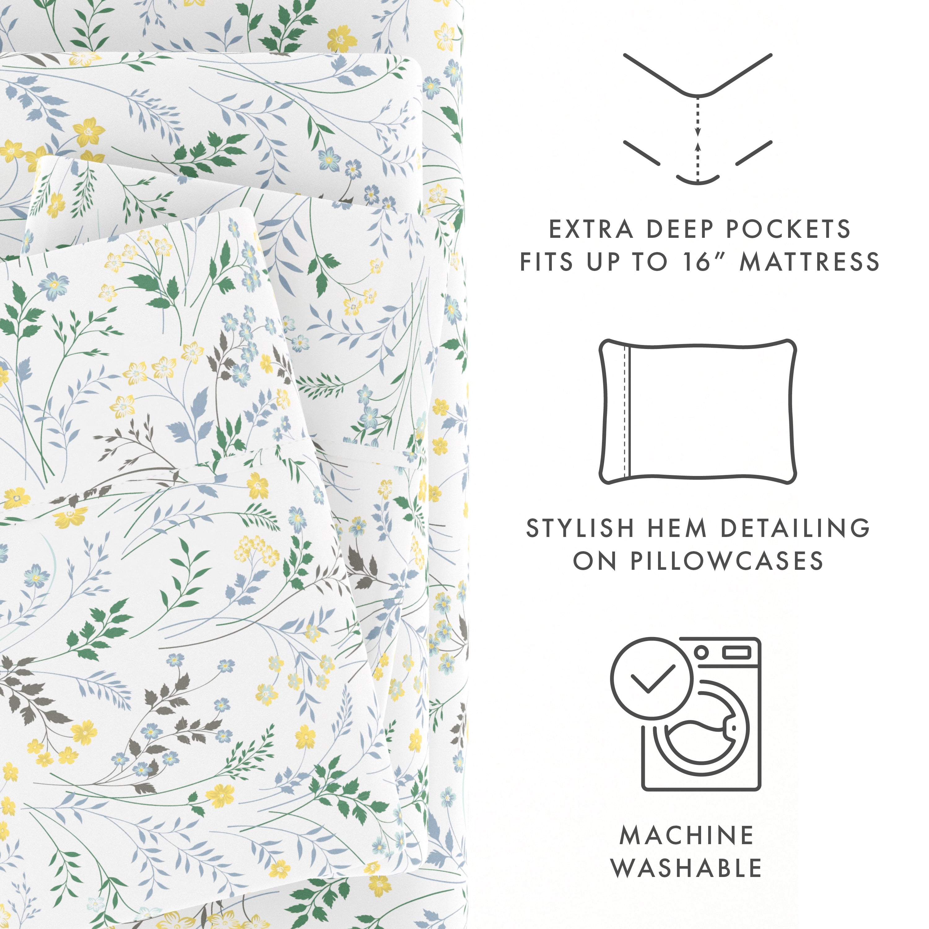 Noble Linens 4 Piece Pattern Microfiber Bed Sheets Set, Light Blue Wildflower, California King