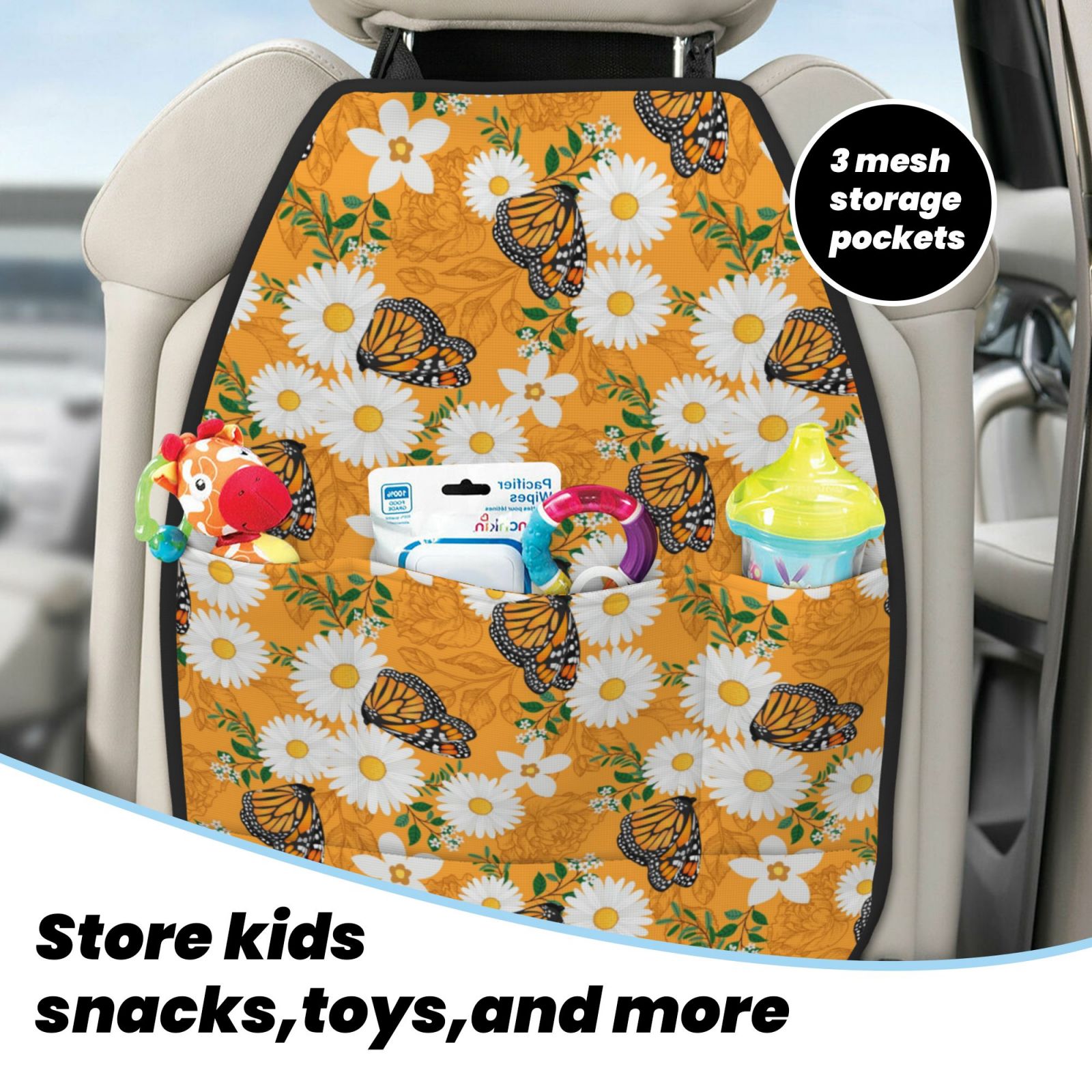 Kdxio White Floral and Butterflies Print 2 Pack Car Kick Mat Seat Cover Back Protector Mat with Pockets for Organizer Backseat Protector and Storage Anti Kick Pad for Vehicles