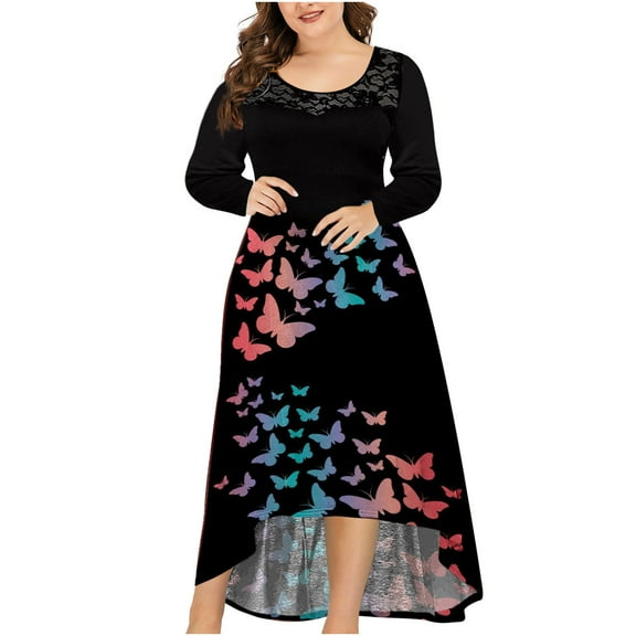 Fesfesfes Plus Size Women Gowns Sexy Butterfly Printed O-Neck Irregular Hem Lace Splicing Long Sleeve Pullover Party Dress or