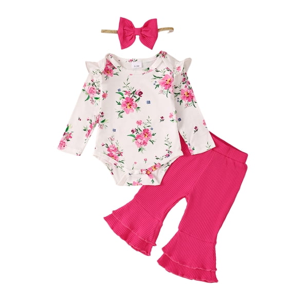 Infant Baby Girls Outfits Baby Girls Fall Winter Clothes 6-12 Months Girls Long Sleeve Floral Romper Top Pants Set Pink