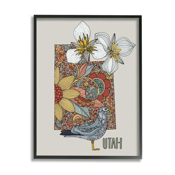 Stupell Industries Utah State Bird & Flower Intricate Floral Pattern Graphic Art Black Framed Art Print Wall Art, Design by Valentina Harper