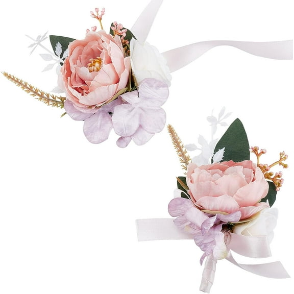 2PCS Wrist Corsage and Boutonniere Set Artificial Rose Wrist Corsage Pink Wedding Bride Bridegroom Bridesmaid Wristband Silk Bracelets Flowers Decor for Wedding Prom Party for diy