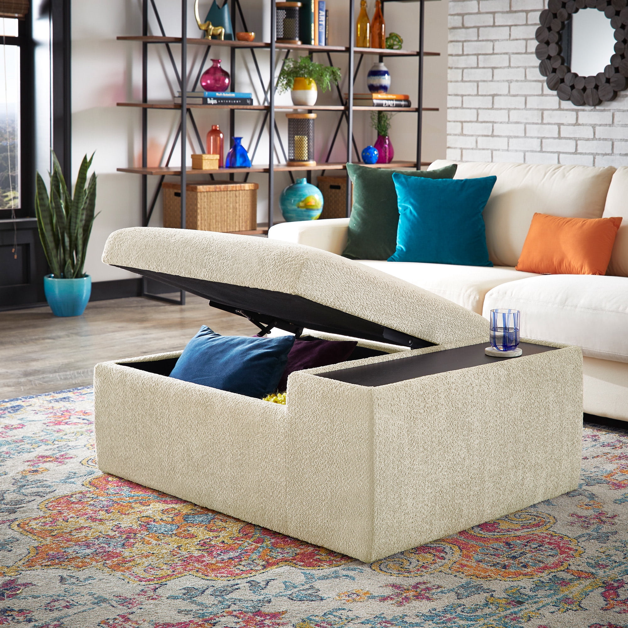 Weston Home Boucle Fabric Storage Ottoman with Side Table and Casters in Ivory
