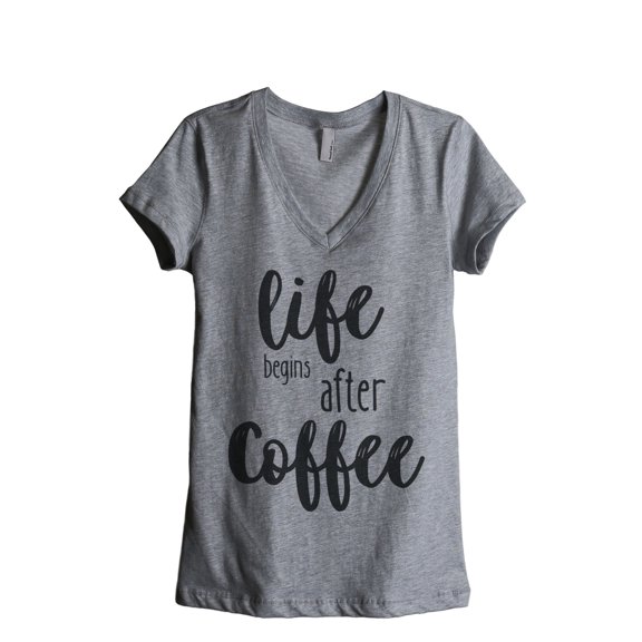 Thread Tank Life Begins After Coffee Women's Relaxed V-Neck T-Shirt Tee Heather Grey Small