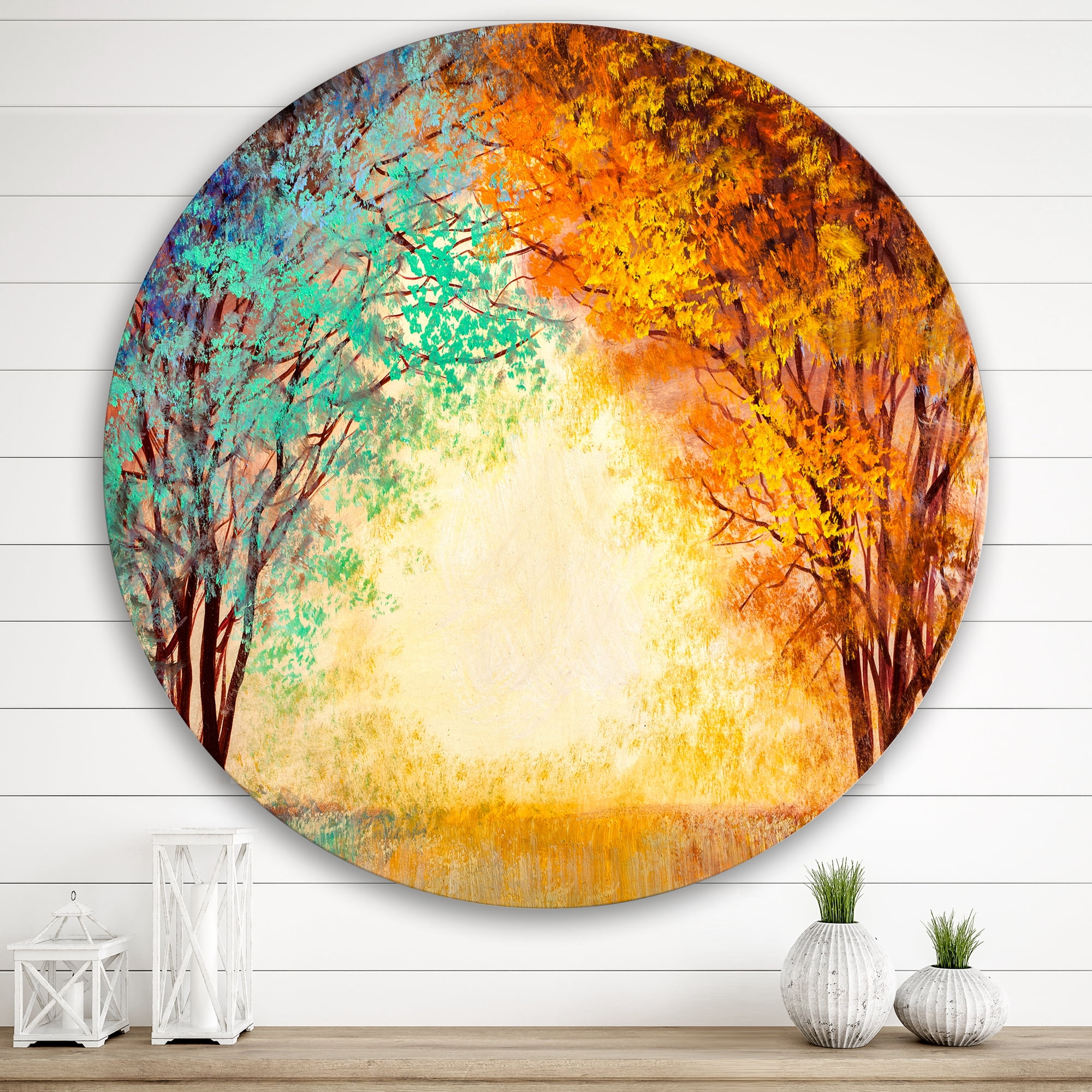 Designart 'Alley Through The Turquise Park In Autumn Sunset ' Traditional Circle Metal Wall Art 36x36 - Disc of 36
