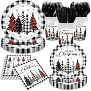 Christmas Paper Plates and Napkins Sets, Buffalo Plaid Xmas Tree Snowflake Dinnerware Set with Cups Forks and Knives Christmas Party Supplies for Gingham Theme Winter Holiday Birthday Party, Serve 24