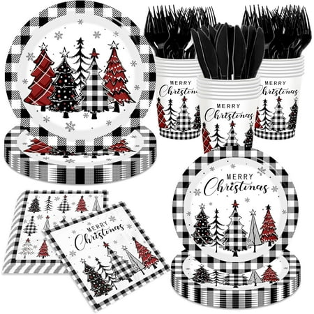 Christmas Paper Plates and Napkins Sets, Buffalo Plaid Xmas Tree Snowflake Dinnerware Set with Cups Forks and Knives Christmas Party Supplies for Gingham Theme Winter Holiday Birthday Party, Serve 24